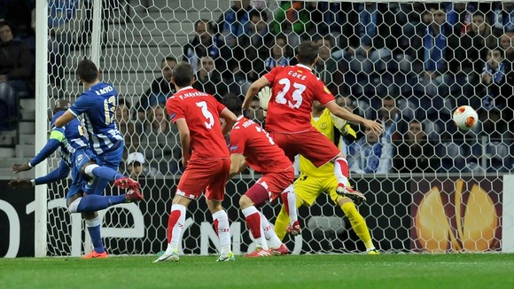 Mangala scores a diving header against Sevilla in the first leg of the 