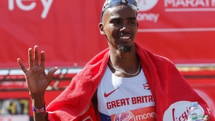 Mo Farah waves after finishing in eighth place at the London Marathon 2014.