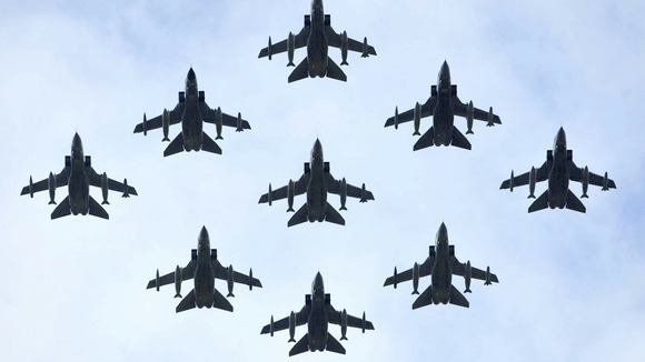 RAF Tornados fly in formation during the flypast at RAF Fairford as part of the Royal International Air Tattoo