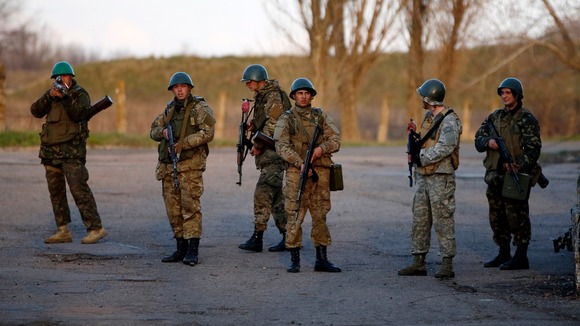 Ukrainian troops at Kramatorsk airbase in the eastern region.