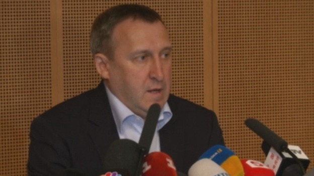 Ukraine's foreign minister Andriy Deshchytsia speaks at a press conference in Geneva.