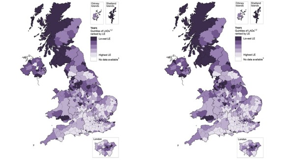 Female life expectancy (left) and male life expectancy (right) at age 65 in 2010-2012.