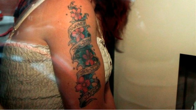 Mairead Philpott's tattoo with the names of her six dead children