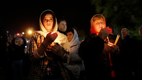 Ukrainian Orthodox worshippers attend a holy liturgy during an Orthodox Easter service in Donetsk.