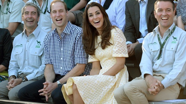 The Duke and Duchess of Cambridge reacts as they watch Ripley the Barking Owl during a visit to Taronga zoo Sydney.
