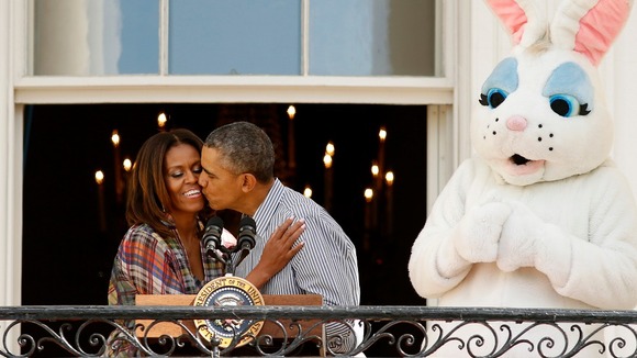 The First Lady and the President at the White House, next to the Easter Bunny