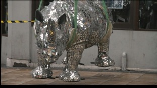 Rhino sculpture being installed