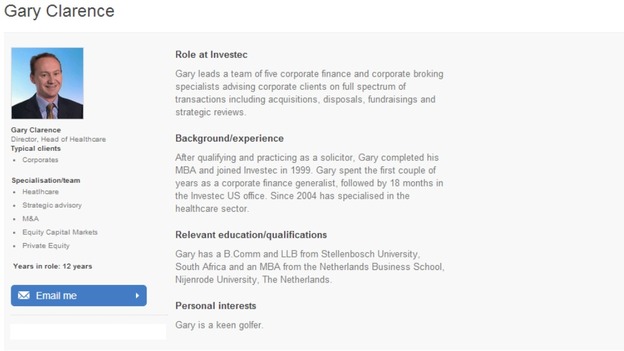 Investec's website profile of Gary Clarence.