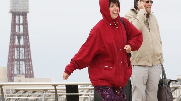 Julie wearing the skirt while filming in Blackpool