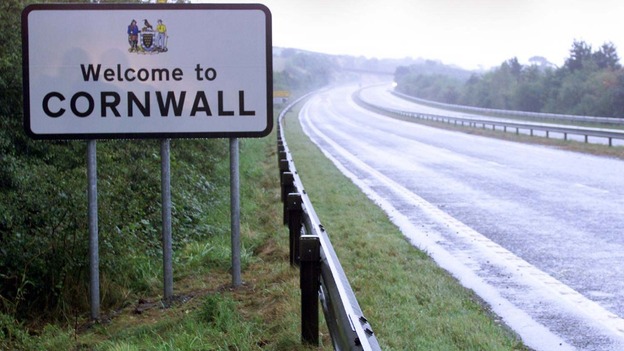 A sign reads 'Welcome to Cornwall'