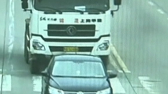 The truck after it has struck the pedestrian