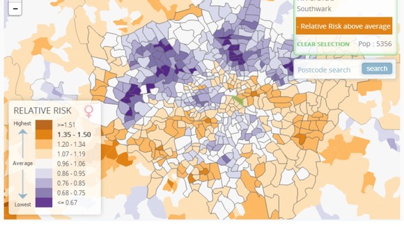 The health map highlights the areas in London which pose the highest risk of lung cancer