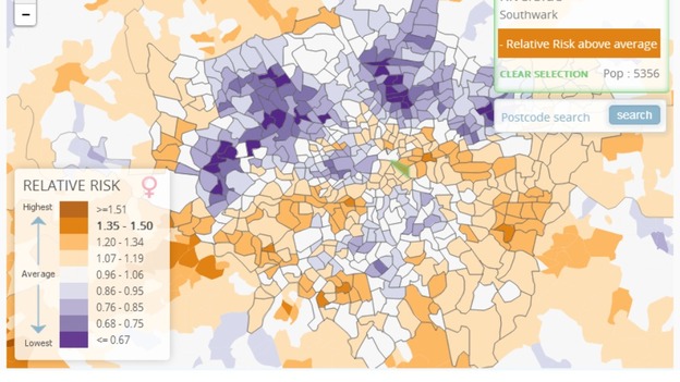 the health map highlights the areas in london which pose the highest risk of lung cancer