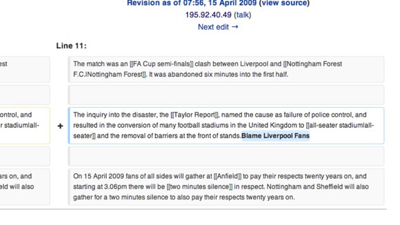 Screenshot of page showing the addition of "Blame Liverpool Fans"