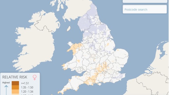 Breast cancer risk by region shows beige areas with the highest risk and the lowest risk coloured mauve