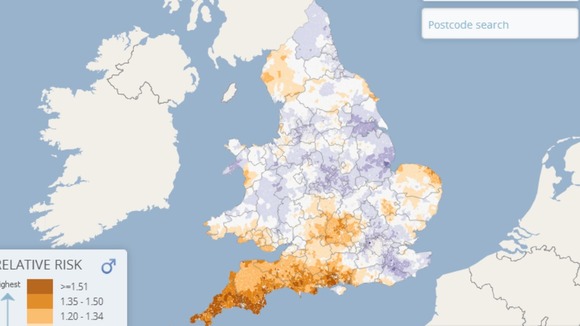 Men in areas shaded in brown are at the highest risk of developing the disease and those in the purple areas are at the lowest risk
