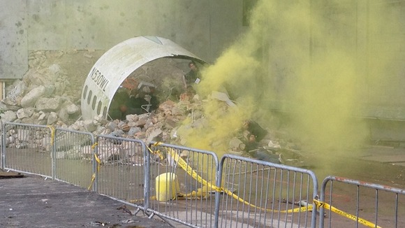 The 'crash site' has been recreated with real smoke and fire