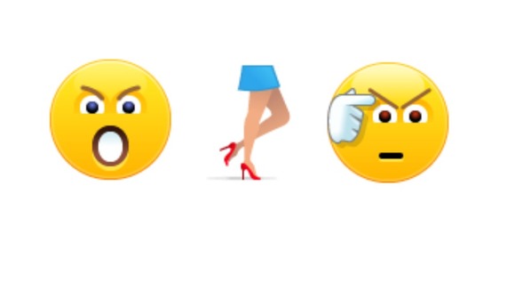 Three emoticons depict an angry face, women's legs and 'fubar'
