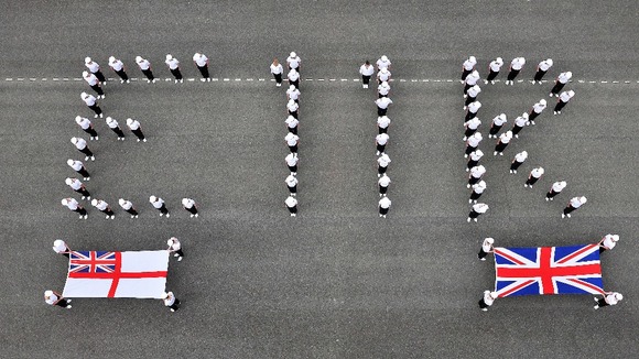 Sailors from HMS Raleigh on the parade ground at Torpoint naval base in Cornwall. 