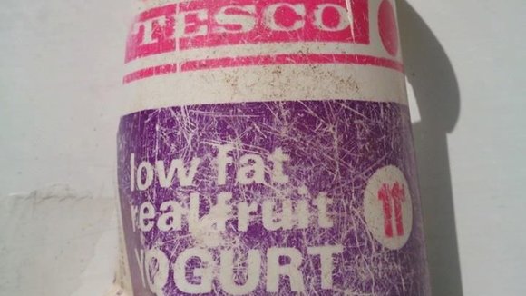 A tesco yoghurt pot from the late 1970s was found on Perran Sands beach, Cornwall.