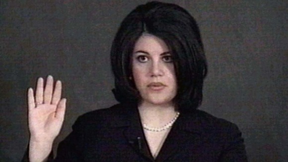 Monica Lewinsky shown being sworn-in during her videotaped deposition in President Clinton's impeachment trial.