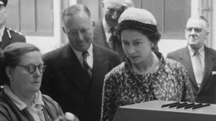 The Queen visiting a bottling plant in the early years of her reign