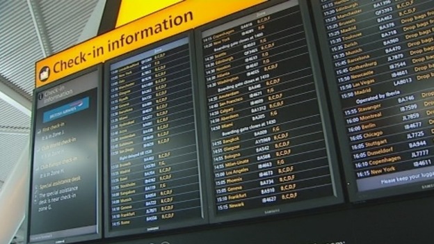 An airport departures board.