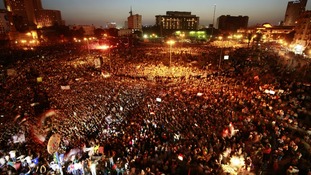 Up to 10,000 people gathered in Cairo's Tahrir Square, the scene of last year's uprising which led to Mubarak's removal from office.