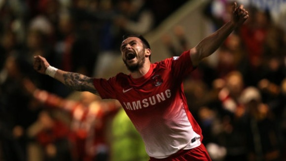 Chris Dagnall celebrates scoring what turned out to be the winning goal.