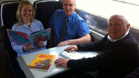 Catherine Vase reading on the Storytelling Express