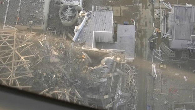 An aerial view showing damage sustained at the Fukushima Daiichi nuclear power complex