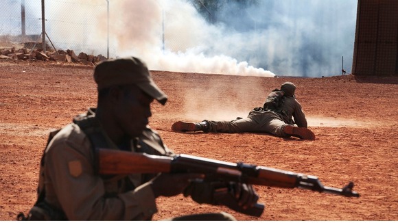 Malian soldiers train for an ambush at the EU training mission headquarters in Koulikoro in February