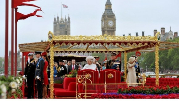 Queen Elizabeth II and Duke of Edinburgh onboard the Spirit of Chartwell during the Diamond Jubilee Pageant.