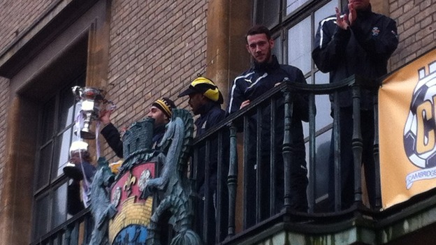 Cambridge United celebrate at the Guildhall