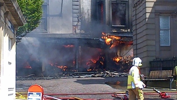 The Factory Shop in flames