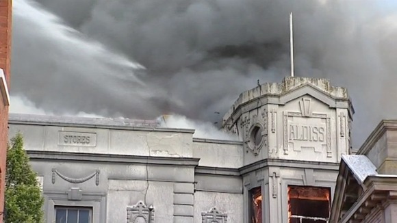 The old Aldiss building on fire