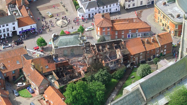 Aerial view of damage to Fakenham market place