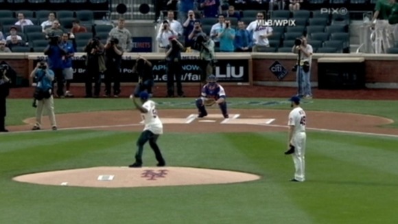 50 Cent's pitch almost hit the assembled camera crews.