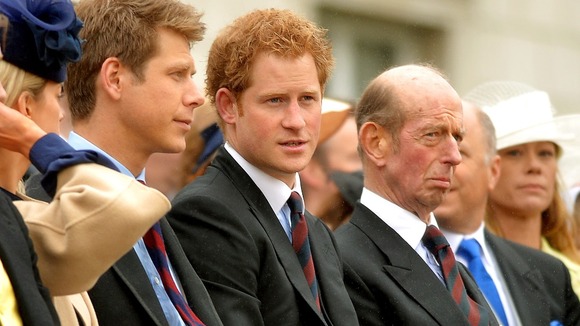 Prince Harry (centre) with the Duke of Kent (right) watch Queen Elizabeth II as she presents the Household Cavalry.