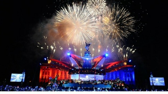 Fireworks were set off over Buckingham Palace after the Queen lit the final beacon