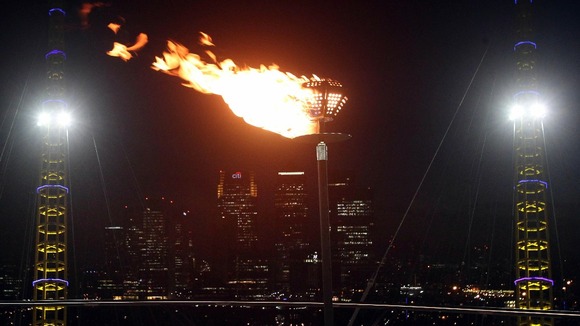 A beacon is lit to celebrate the Diamond Jubilee on the roof of the O2