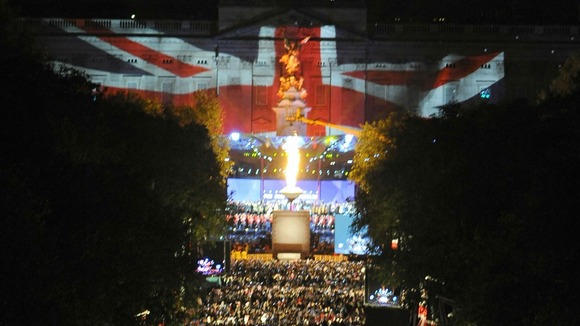 A beacon is lit outside Buckingham Palace during the Jubilee concert, a part of the Diamond Jubilee celebrations