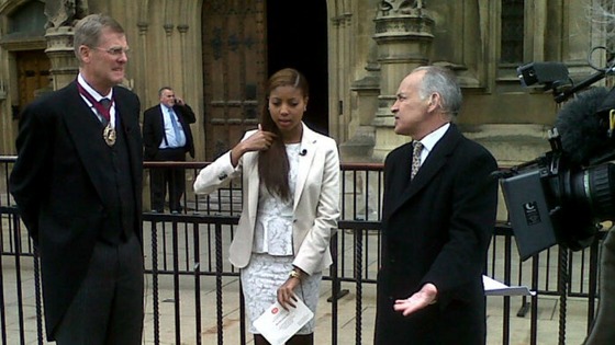 Master Mercer Tom Sheldon, Tanya Whyte and Alastair Stewart outside the St Stephens entrance of the House of Commons. 