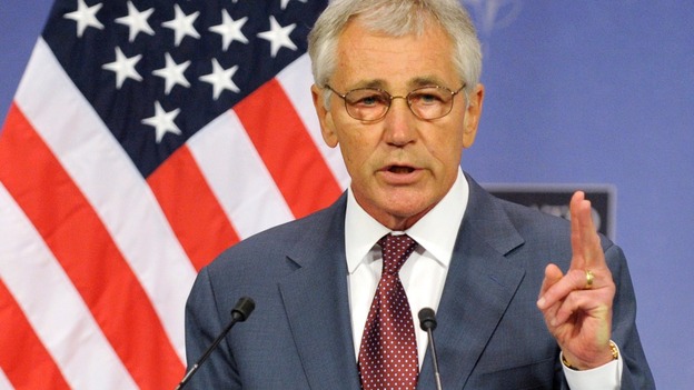 US Secretary of Defence Chuck Hagel speaking at a Nato conference in Brussels today.