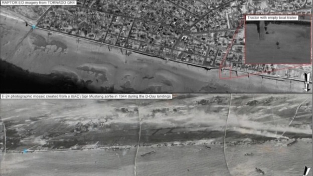 A jet from the base, fitted with a digital camera, photographed the beaches of Normandy.