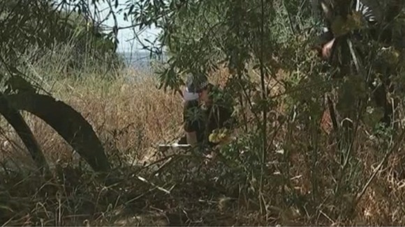 A police officer examines data on a laptop at the wasteland site in Portugal.