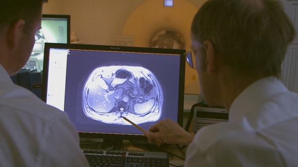 Two men looking at scan on a screen