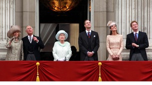 Prince CHarles, the Duchess of Cornwall, The Queen, the Duke and Duchess of Cambridge and Prince Harry watching the RAF flypast
