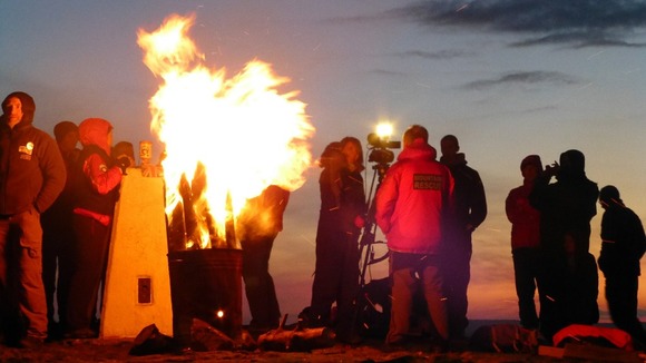 Pendle Hill Beacon as it was lit by the mountain rescue team last night
