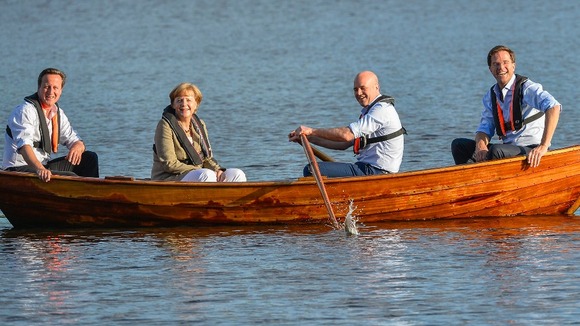 David Cameron, Angela Merkel, Swedish Prime Minister Fredrik Reinfeldt and Dutch Prime Minister Mark Rutte in Harpsund, South of Stockholm.